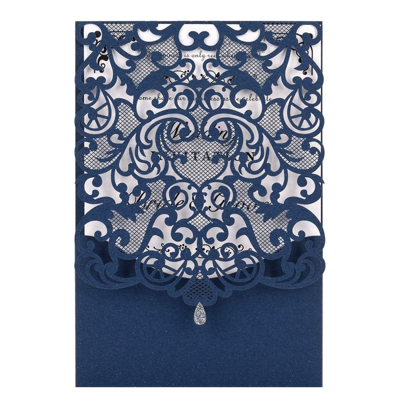 FOMTOR 50-Pack Blue Laser Cut Wedding Invitation Cards Set w/Envelopes & Inserts & Seals â€“ for Wedding, Bridal Shower, Graduation, Birthday Party, Engagement, Anniversary - Image 1